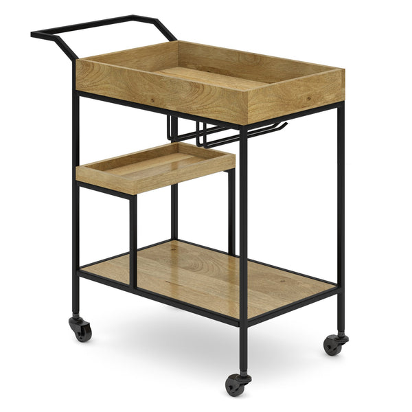English Elm Barnes Mango Wood 29" Bar Cart with Metal Frame, Locking Casters, Glass Racks & Tray Shelves B136P158471