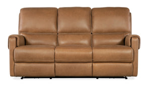Hooker Furniture Somers Power Reclining Sofa With Zero-Gravity Seats, Nubuck Top-Grain Leather, Usb Charging, Bustle-Back Comfort Light Brown SS718-PHZ3-080