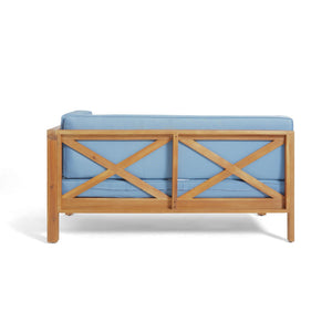 English Elm Brava Outdoor Acacia Corner Bench Set with Coffee Table for Patio Entertaining Blue 57968.00BLU