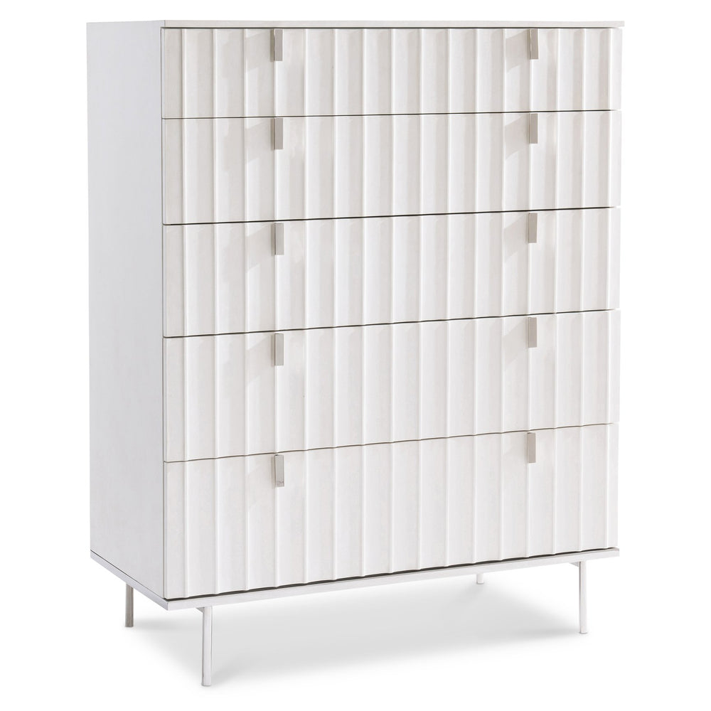 Bernhardt Bernhardt Fluted Modulum Tall Drawer Chest – White Adobe Faux-Stone, Polished Steel Base, 5 Soft-Close Drawers 315118