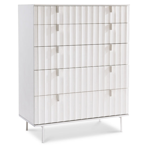 Bernhardt Bernhardt Fluted Modulum Tall Drawer Chest – White Adobe Faux-Stone, Polished Steel Base, 5 Soft-Close Drawers 315118