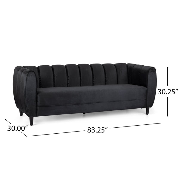 English Elm Miranda Channel Stitch Velvet Sofa Glam Living Room Seating with Tapered Birch Legs Black 68604.00ABLK_68604.00BBLK