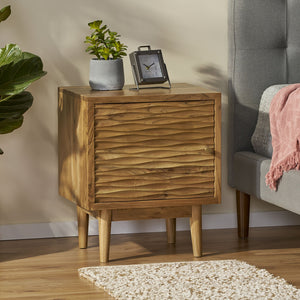 English Elm Christopher Knight Home® - BEDSIDE 1 DOOR Boho Mango & Acacia Wood Nightstand with Carved Texture, Tapered Legs, 20"W x24"H 68733.00
