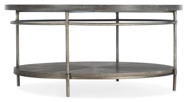 Hooker Furniture Round Starburst Cocktail Table With Acacia Veneer Top & Lower Shelf, Golden Brown Metal Frame, Transitional Design 5903-80111-85