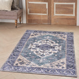 Nourison Brilliance Machine Washable WSB03 Machine Made Power-loomed Ornamental Border Indoor Only Vintage Bohemian Rug Teal Blue, Teal Blue 100% Polyester 99446914279