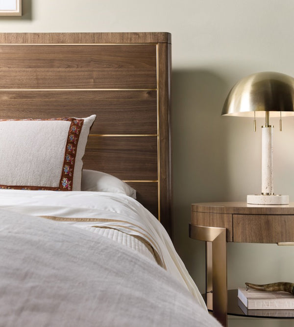 Hooker Furniture Eleana Sculptural Queen Bed With Light Caramel Walnut Veneer, Rounded Headboard And Sunlit Bronze Trim 88.00 L x 66.75W x 62.00H 7252-90350-85