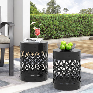 English Elm Outdoor Powder-coated Iron Nesting Accent Tables Set of 2 Laser-cut Circle Design Black 73606.00BLK