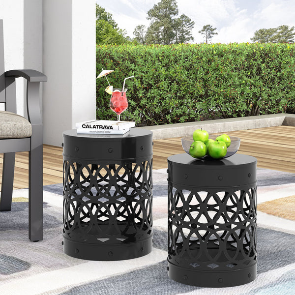 English Elm Outdoor Powder-coated Iron Nesting Accent Tables Set of 2 Laser-cut Circle Design Black 73606.00BLK