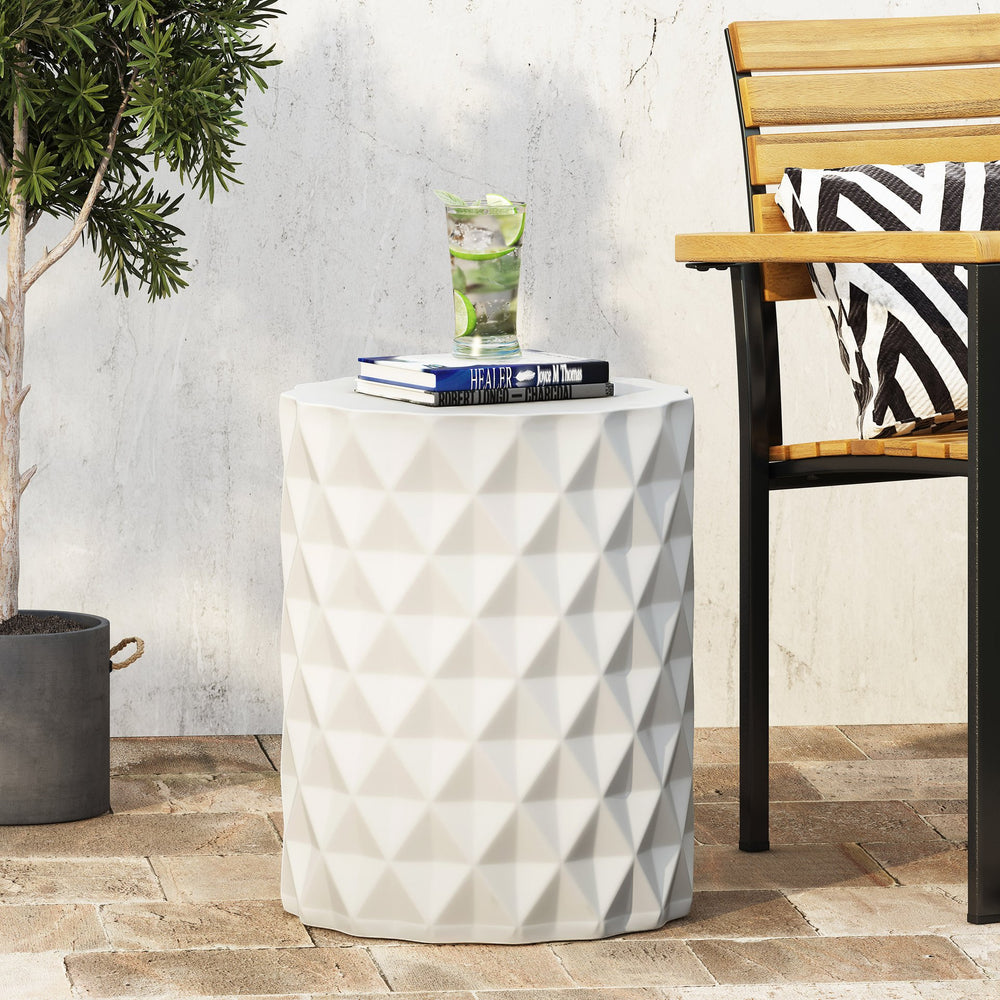 English Elm Outdoor Sculptural Concrete Side Table with Diamond Relief Pattern for Patio or Balcony 73431.00