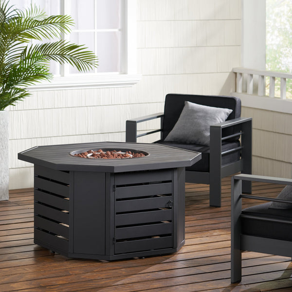 English Elm Octagon Iron Propane Fire Pit with Open Slat Design for Patio Gatherings 66596.00BLK-50K