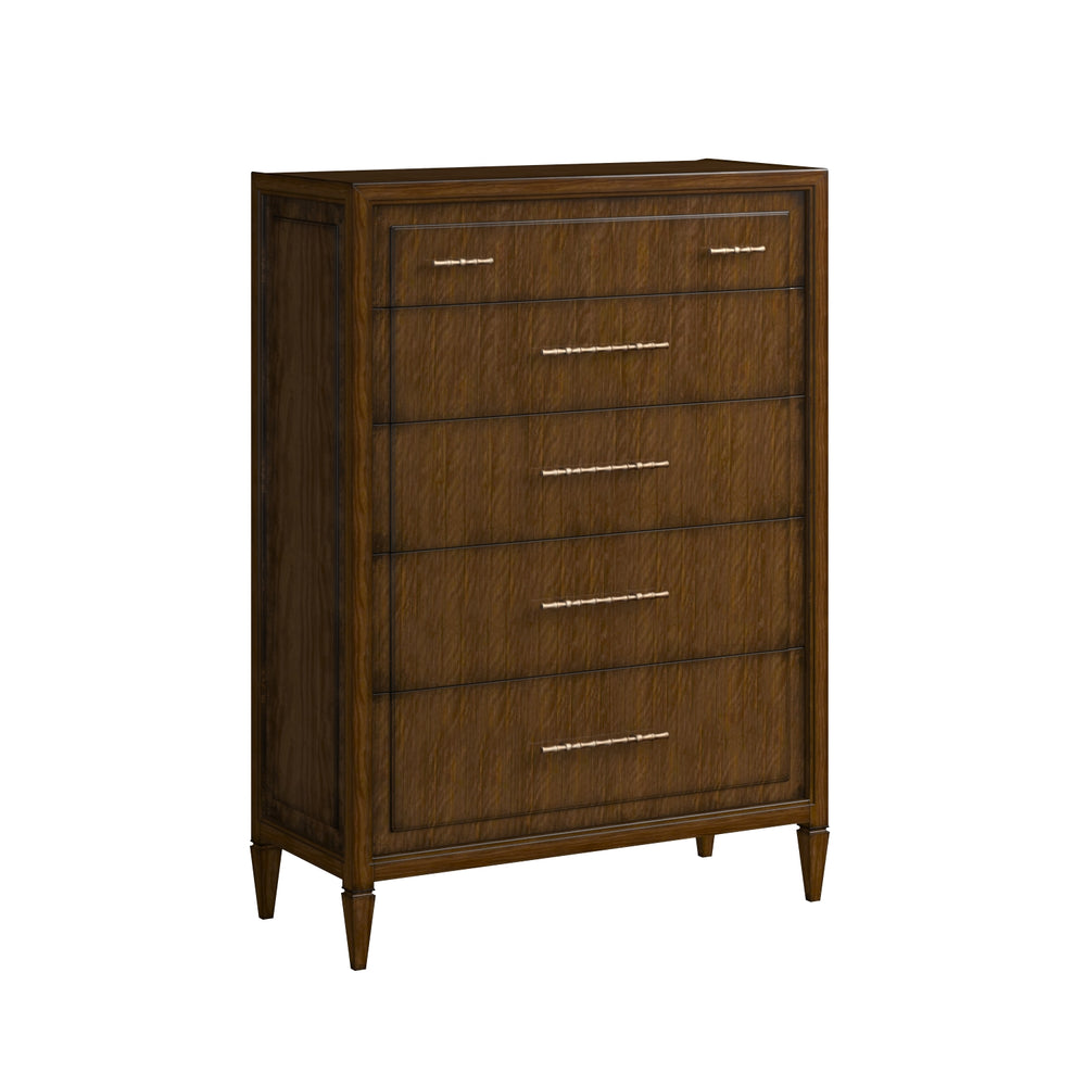 A.R.T. Furniture Eave 5-drawer Chest: Elegant Quartered Walnut Nightstand With Luxe Faux Bamboo Gold Hardware Brown Material(S), Poplar And Parawood Solids,Walnut Veneer 336150-1860