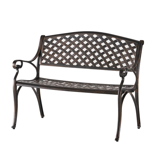 English Elm Spencer Cast Aluminum Outdoor Bench Antique Copper Finish Scrolled Arms Garden Patio 50327.00LVS
