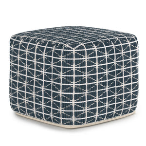 English Elm Noreen Square Pouf Ottoman — Handcrafted Cotton Woven Pattern, Supportive Dense Bead Filling, 18" Blue B136P159330