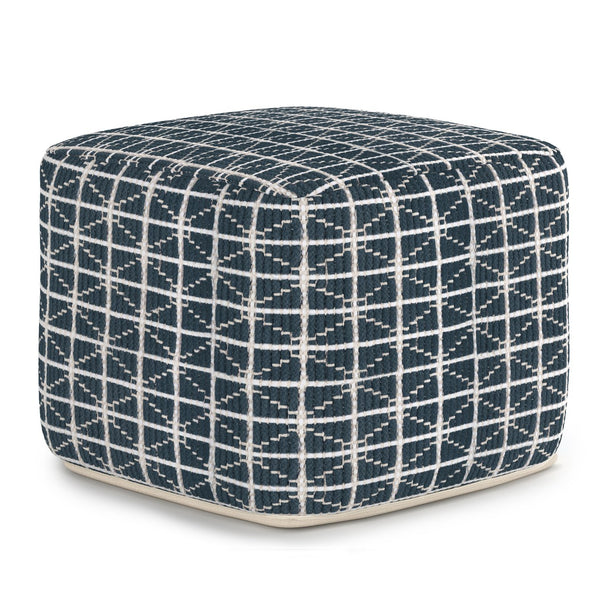 English Elm Noreen Square Pouf Ottoman — Handcrafted Cotton Woven Pattern, Supportive Dense Bead Filling, 18" Blue B136P159330