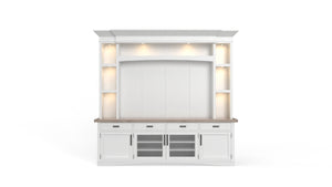 Parker House Americana Modern - Cotton 92 In. TV Console with Hutch Back Panel and LED Lights Cotton with Weathered Natural Top Poplar Solids / Birch Veneers with Oak Top AME#92-4-COT
