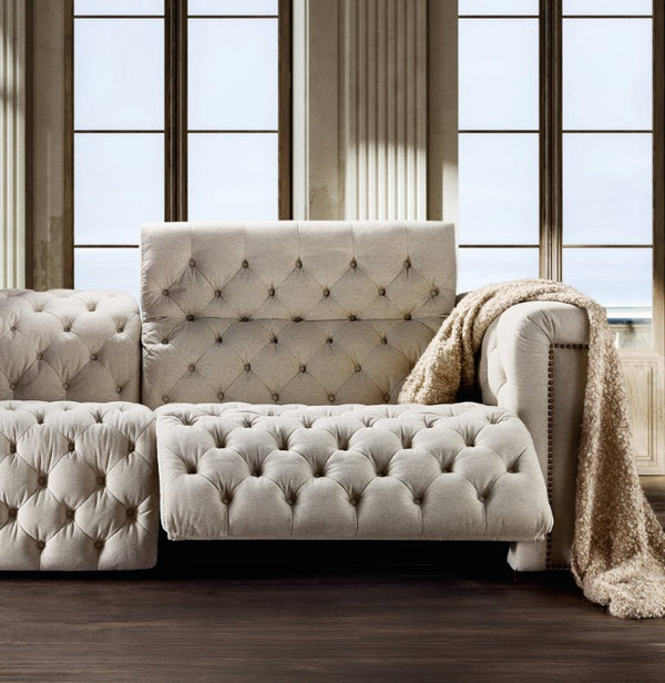 Hooker Furniture Savion Chesterfield 3-Seat Sofa In Aries Beach Performance Fabric With Power Headrests & Trim 43.00 L x 89.50W x 28.75H SS435-RLPPH-414