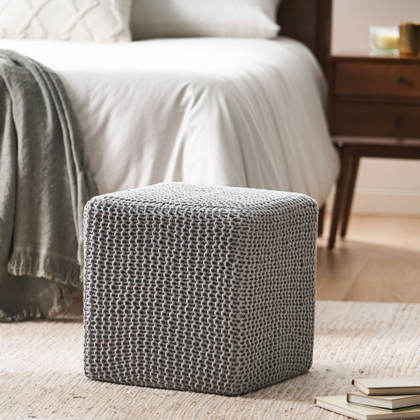 English Elm Christopher Knight Home® - KNITTED Foot Stool with Handcrafted Cotton Cover, Compact 17" Cube, Sturdy Versatile Accent Seat LIGHT GREY 62665.00LGRY