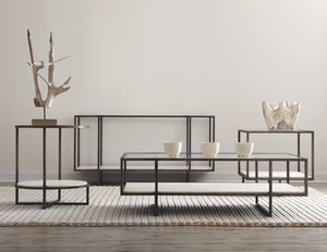 Bernhardt Bernhardt Harlow Metal Rectangular Cocktail Table — 54"W Tempered Glass Top, Travertine Shelf, Oil-Rubbed Bronze Finish 514021