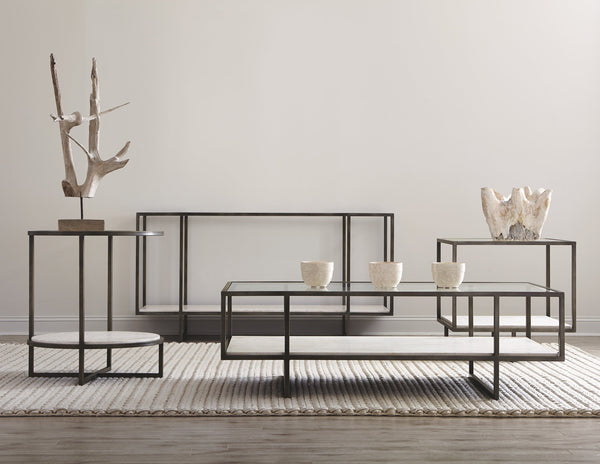 Bernhardt Bernhardt Harlow Metal Rectangular Cocktail Table — 54"W Tempered Glass Top, Travertine Shelf, Oil-Rubbed Bronze Finish 514021