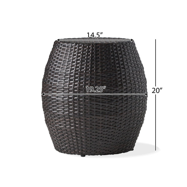 English Elm Outdoor Wicker Bombe Side Table Sculptural Iron Frame Weather Resistant Patio Accent Brown Multi 60746.00MBN