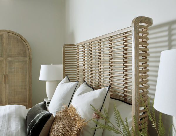 Hooker Furniture Surfrider Queen Rattan Bedframe With Driftwood Finish, Hand-Tied Jute Accents & Coastal Texture 87.00 L x 64.75W x 68.50H 6015-90250-80