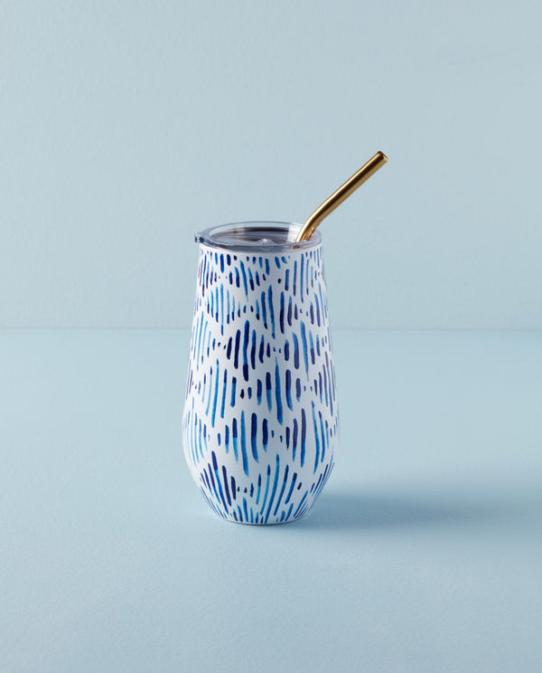 Lenox Blue Bay Ikat Pattern Stainless Steel Wine Tumbler With Straw Blue, BLUE METAL 895733