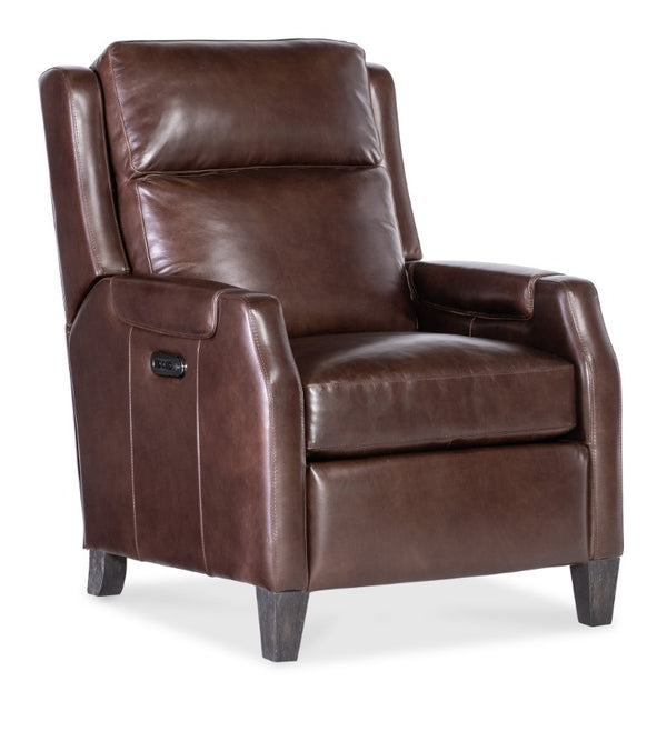 Hooker Furniture Nelson Dark Roast Leather Power Recliner W/Usb, Power Headrest, Bustle Back & Tapered Wood Legs RC818-PH-089
