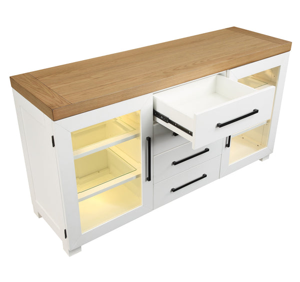 English Elm Steve Silver - Magnolia White Server with Lighted Cabinet, Soft-Close Doors, 4 Adjustable Glass Shelves, 63.9" B081P157034