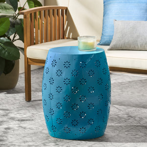 English Elm Soleil Iron Barrel Side Table with Starburst Lattice for Patio Balcony Outdoor Use 61303.00
