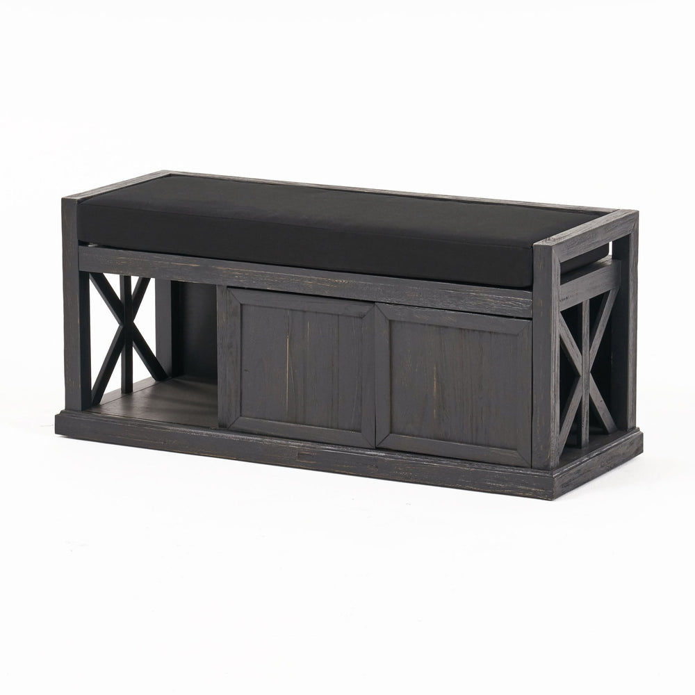 English Elm Christopher Knight Home® - Storage Bench Acacia Wood with Water-Resistant Padded Seat, Rustic X-Frame Shoe Organizer with 2 Doors and Shelves 66470.00DGRYBLK