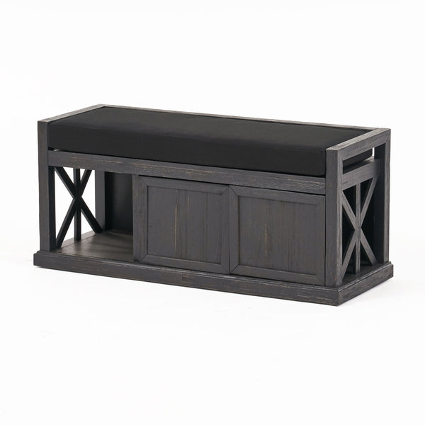 English Elm Christopher Knight Home® - Storage Bench Acacia Wood with Water-Resistant Padded Seat, Rustic X-Frame Shoe Organizer with 2 Doors and Shelves 66470.00DGRYBLK
