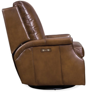 Hooker Furniture Collin Charcoal Aniline Leather Power Swivel Glider Recliner With Nailhead Trim And Plush Support Medium Brown RC379-PSWGL-083