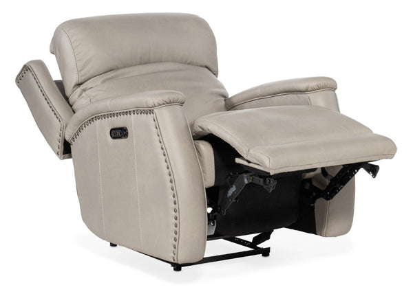 Hooker Furniture Rhea Luxury Zero-Gravity Power Recliner In Sahara Ash Leather With Usb Port, Nailhead Trim Elegance Light Gray SS703-PHZ1-091