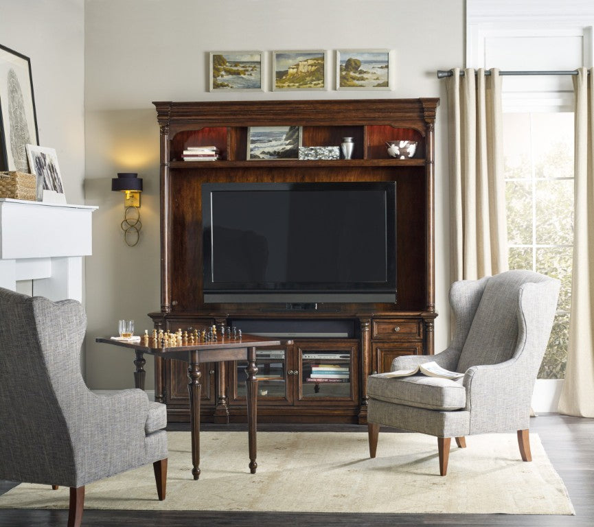 Hooker Furniture Leesburg Stately Entertainment Console With Mahogany Veneers, Antique-Brass Hardware, Cable Management (84"W) 5381-55484
