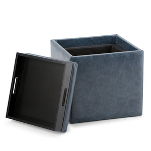 English Elm Rockwood Cube Storage Ottoman with Tray — Denim Vegan Faux Leather, Flip-Top Serving Tray & Hidden Storage Blue B136P158201