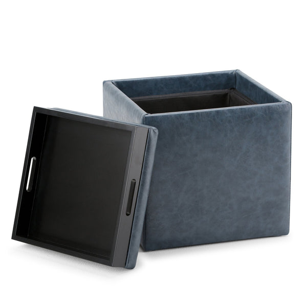 English Elm Rockwood Cube Storage Ottoman with Tray — Denim Vegan Faux Leather, Flip-Top Serving Tray & Hidden Storage Blue B136P158201