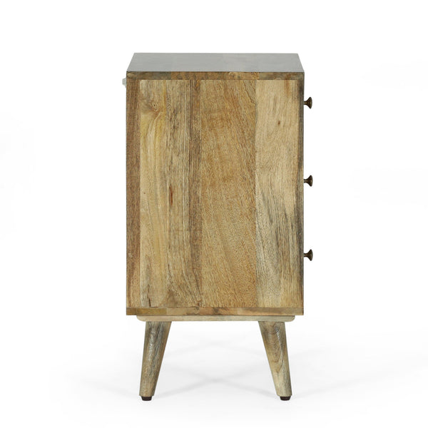 English Elm Christopher Knight Home® - 3 Mango Wood 3-Drawer Bedside Nightstand with Carved Geometric Texture, Boho Handcrafted Accent 71753.00