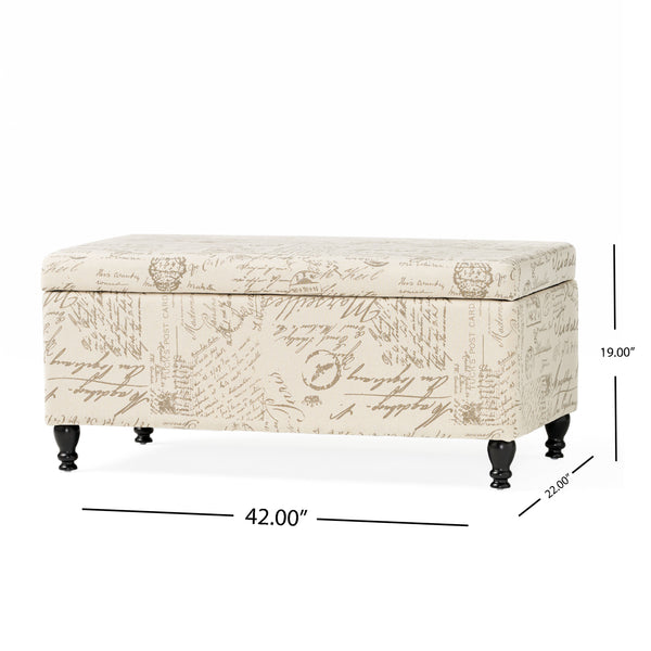 English Elm Christopher Knight Home® - Storage Ottoman Rectangular Bench with French Script Upholstery, Reclaimed Wood Gourd Legs, 42" L 56752.00
