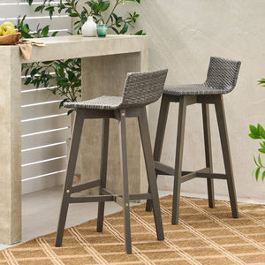 English Elm Christopher Knight Home® - LA La Brea Acacia Wood & Wicker Barstool Set of 2 — Outdoor Faux Rattan Seats with Iron X-Stretcher Frame Grey 65431.00GRY