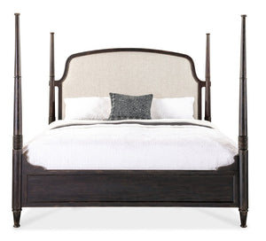 Hooker Furniture Americana King Upholstered Poster Bed With Creamy Headboard, Molasses Oak Finish, Carved Posts & Versatility 7050-90666-89