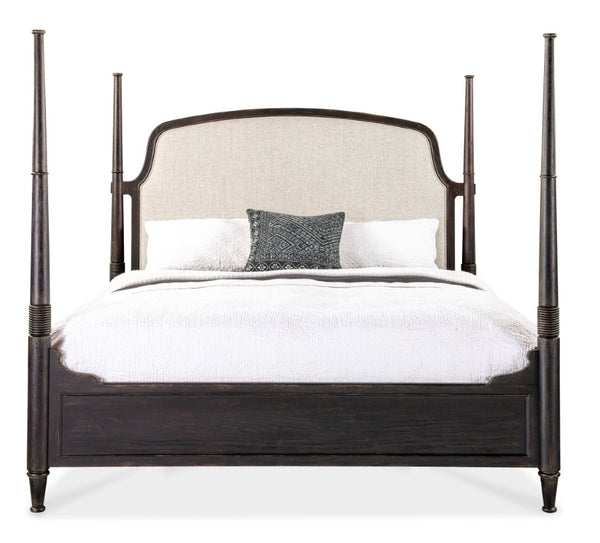 Hooker Furniture Americana King Upholstered Poster Bed With Creamy Headboard, Molasses Oak Finish, Carved Posts & Versatility 7050-90666-89