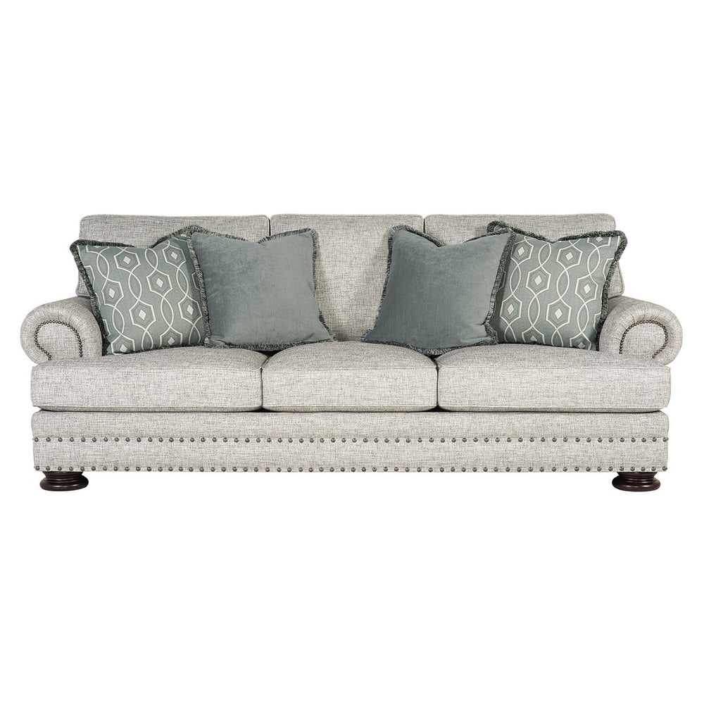 Bernhardt Bernhardt Foster Made-To-Order Gray Sofa With Rolled Arms, Nailhead Trim & Four Pillows — 97.5" B5177A