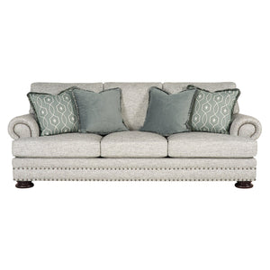 Bernhardt Bernhardt Foster Made-To-Order Gray Sofa With Rolled Arms, Nailhead Trim & Four Pillows — 97.5" B5177A