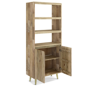 English Elm Jager Mid-Century Bookshelf with Doors - Mango Wood & Brass Inlay, Soft-Close Storage Shelves B136P158751