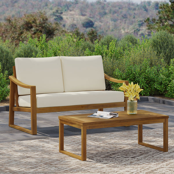 English Elm Christopher Knight Home® - SAMWELL Acacia Wood Outdoor Loveseat and Coffee Table Set with Water-Resistant Cushions, Sleek Slat Design Teak 52.75 L x 33 W x 17.75 H 70137.00BGE