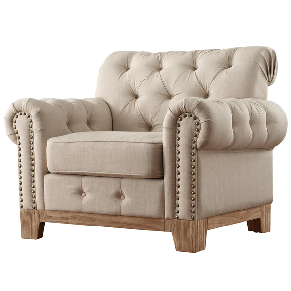 Homelegance By Top-Line Euphemie Tufted Rolled Arm Chesterfield Chair Oak Linen