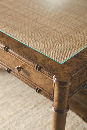 Hooker Furniture Archives Writing Desk With Faux-Tortoise Shell Accent, Woven Cane Top, Glass Surface & 3 Drawers 6123-10458-80