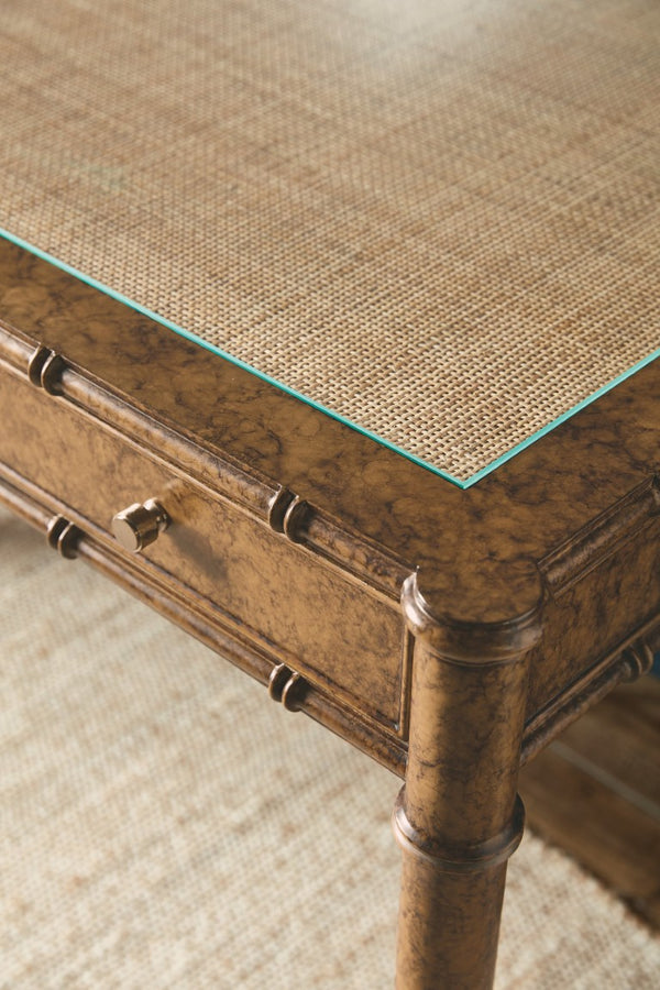 Hooker Furniture Archives Writing Desk With Faux-Tortoise Shell Accent, Woven Cane Top, Glass Surface & 3 Drawers 6123-10458-80
