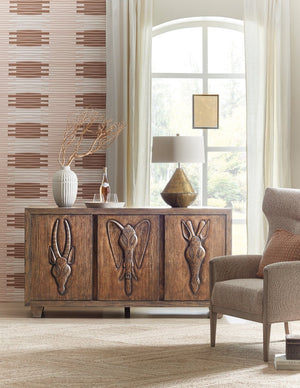 Hooker Furniture Commerce Safari Credenza With Distressed Pine & Carved Animal Motifs, Tv Console Storage W/ Cable Management (69") 7228-85099-85