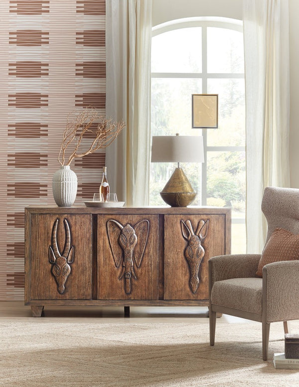 Hooker Furniture Commerce Safari Credenza With Distressed Pine & Carved Animal Motifs, Tv Console Storage W/ Cable Management (69") 7228-85099-85